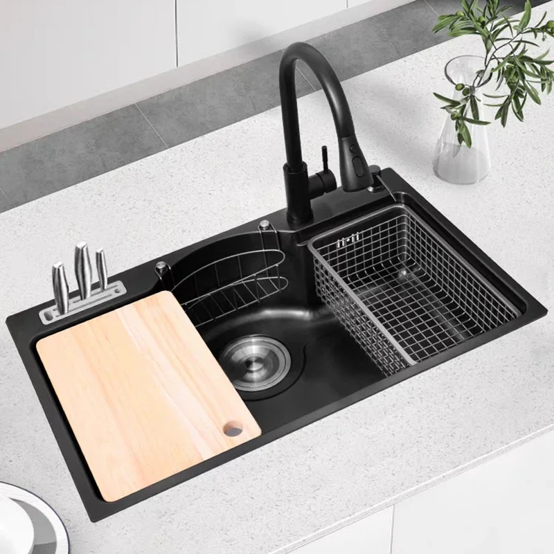 High-quality Multifunctional Kitchen Sink Set Single Bowl Two Holes 304 Stainless Steel Black Color