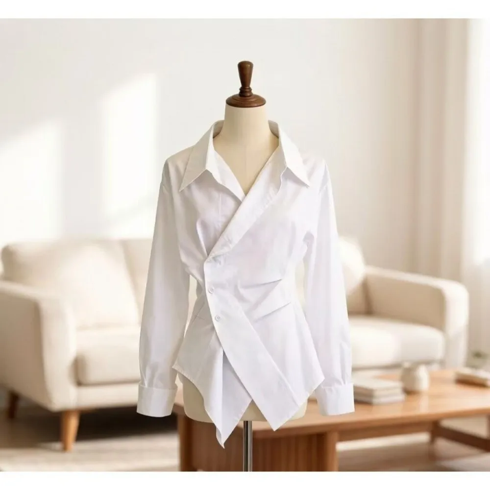 Modisches, asymmetrisches Langarmhemd mit tailliertem V-Ausschnitt, Damenbluse, schmal geschnitten, elegantes Oberteil, Business Casual – Detail 8