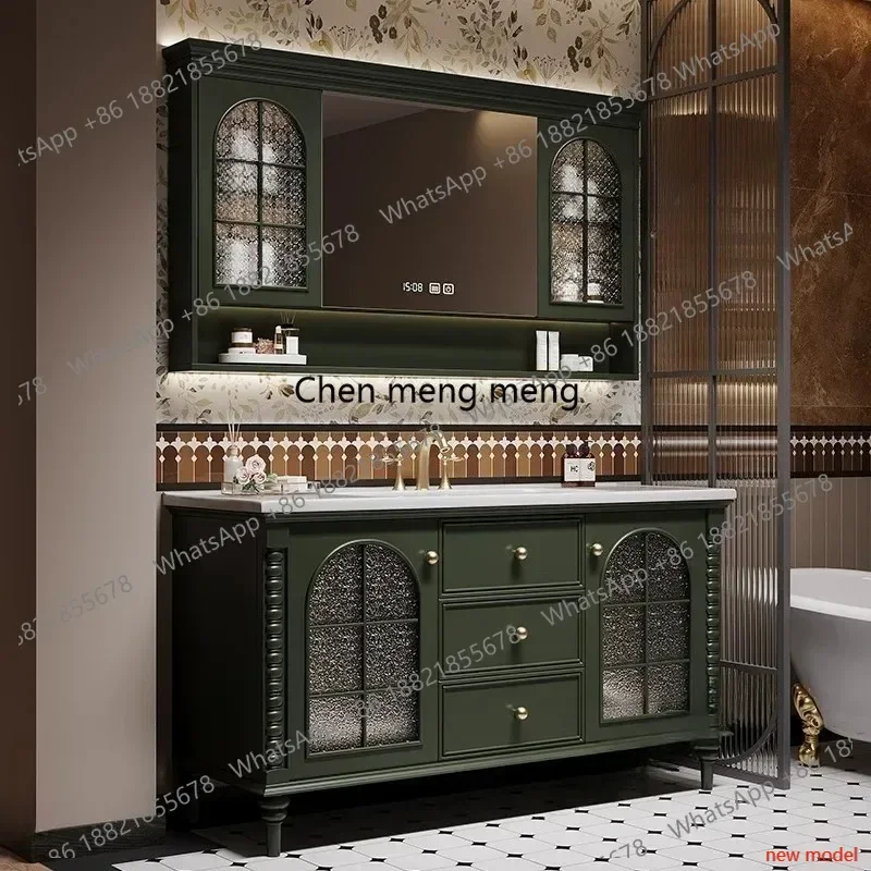 N138merican retro light luxury solid wood bathroom cabinet combination bathroom French ceramic integrated basin