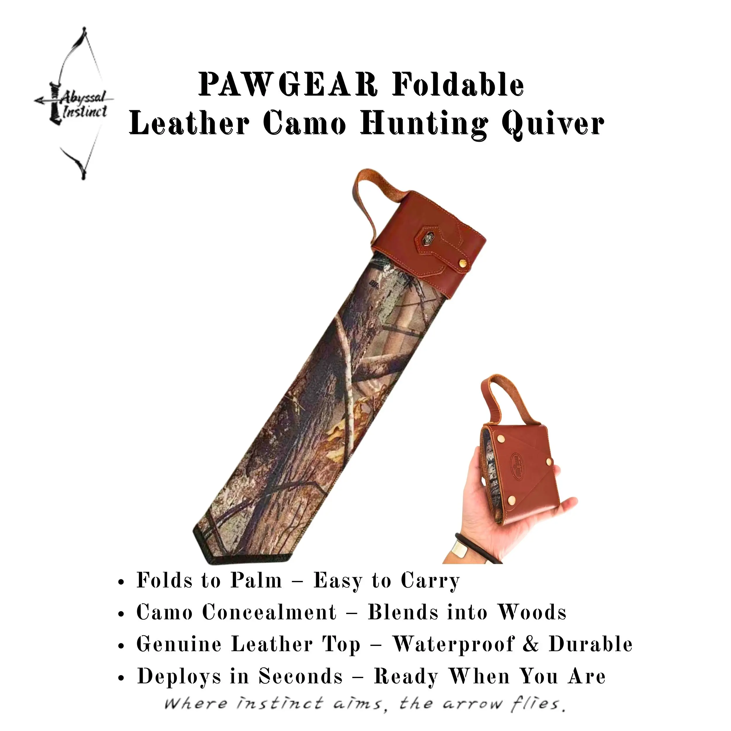 

Foldable Hunting Quiver–Genuine Leather Top, Waterproof Camo Fabric, Collapsible Pocket-Size Design, Deploys in Seconds for Ou