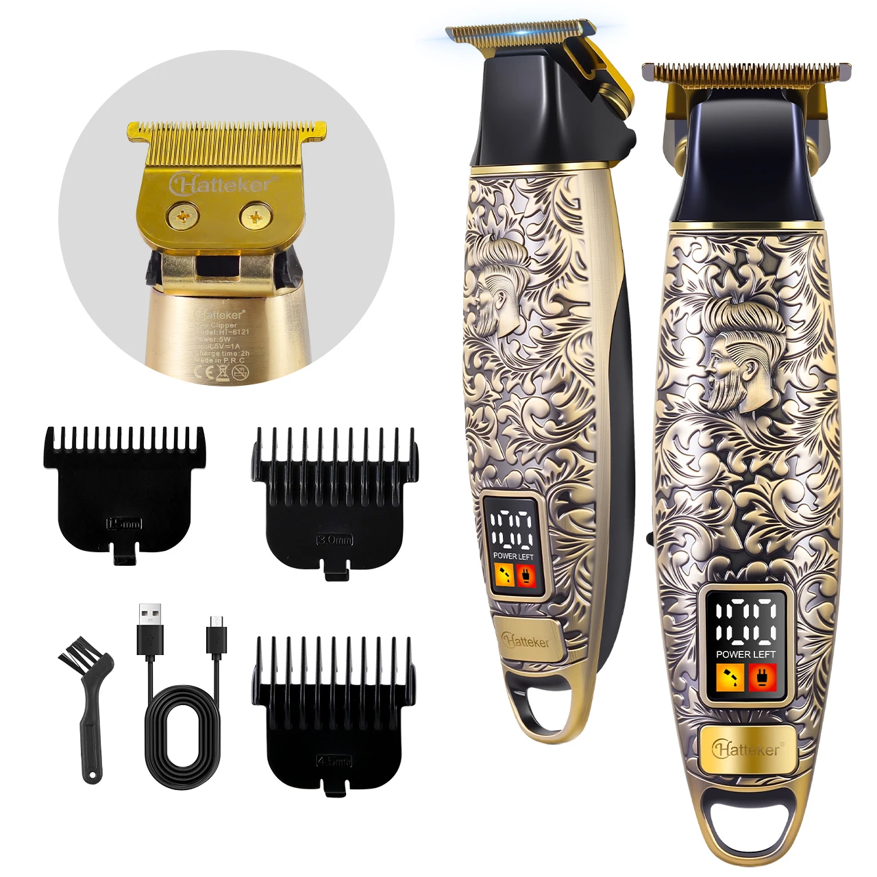 Hatteker USB Rechargeable Electric Hair Trimmer White Engraving Barber Shop Haircut Machine for Bald Head Shaving