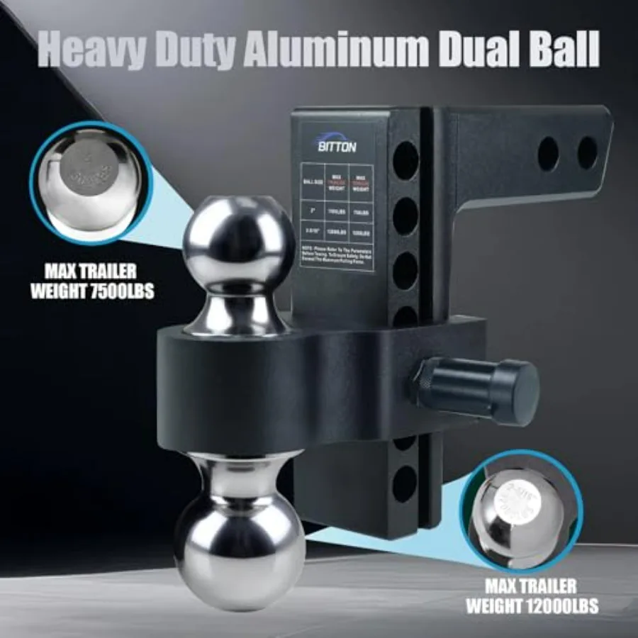 Adjustable Trailer Hitch Ball Mount 6 Drop Lift for 2 and 2.5 Recver 12000 LBS Heavy Duty Aluminum Alloy Dual Towing Ball 2 x 2