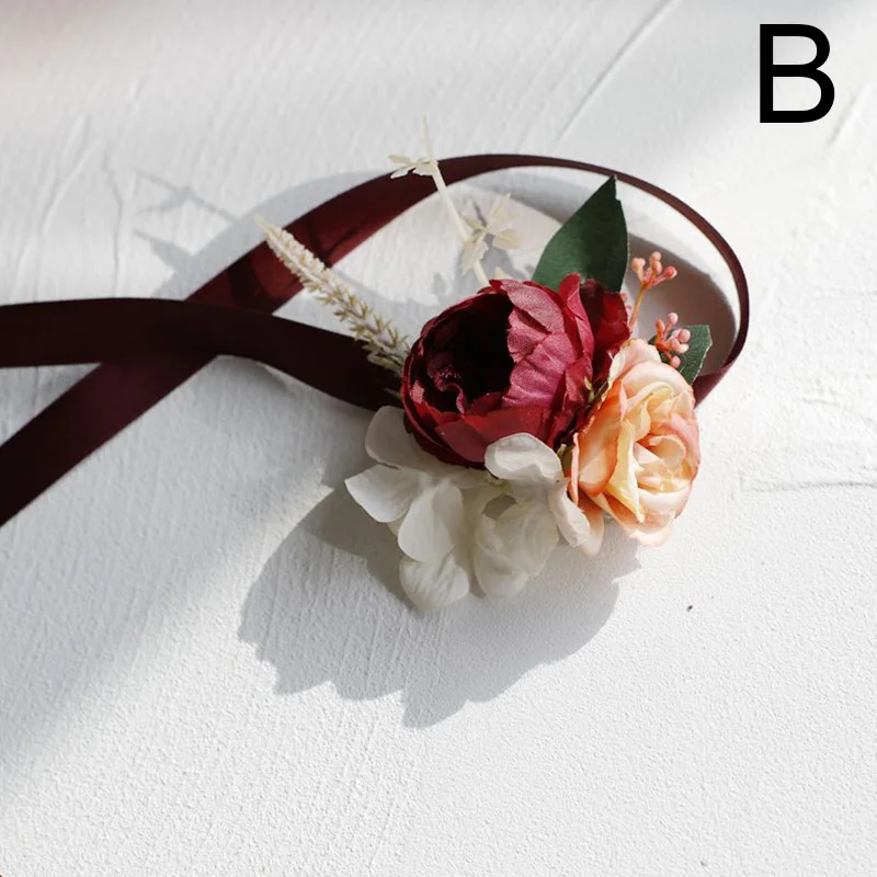 1Pc Girls Bridesmaid Wrist Corsage Artificial Silk Rose Ribbon Bracelet Fabric Hand Flowers Wedding Boutonniere Party Supplies