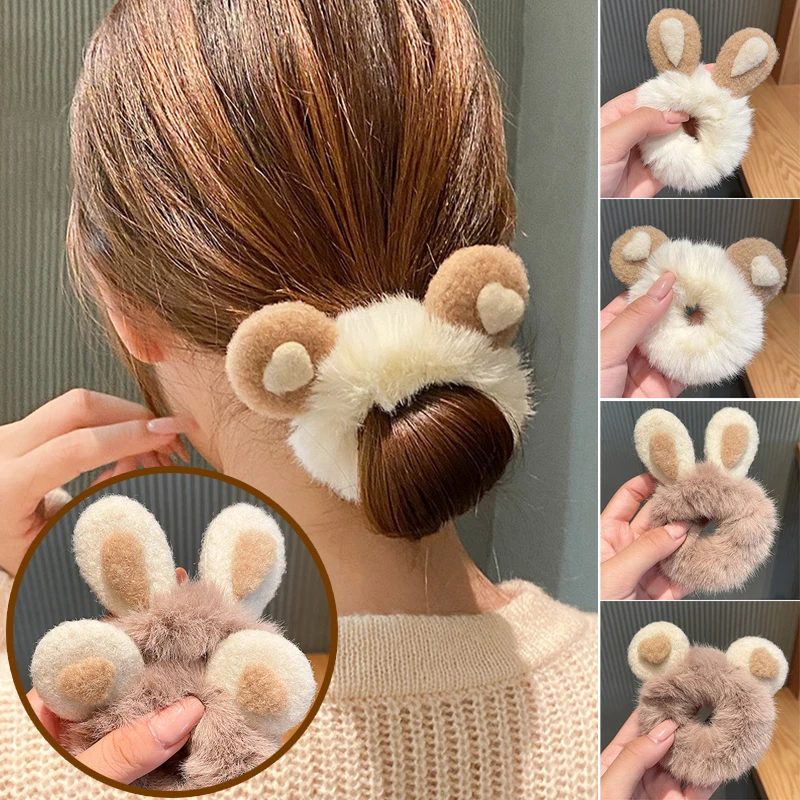 Korean New Rabbit Ears Plush Scrunchies Imitation Rabbit Fur Hair Band Ponytail Holder Fluffy Hair Tie Hair Accessories Soft