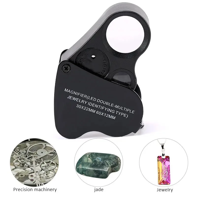 30X 60X مضيئة مجوهرات العدسة المكبر مجوهرات قابلة للطي المكبر مع مصباح ليد مشرق للأحجار الكريمة مجوهرات عملات طوابع