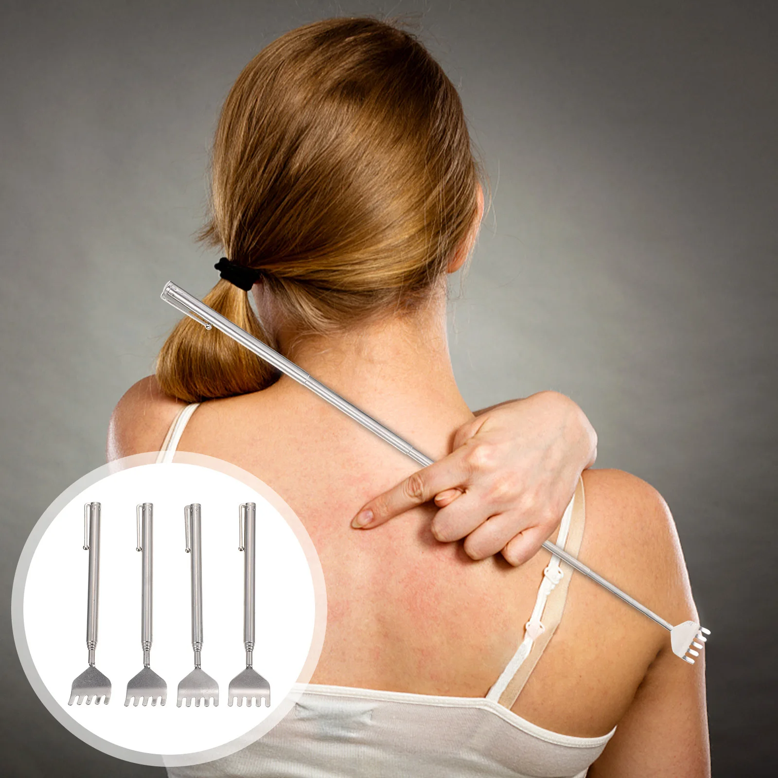 

4pcs Retractable Back Scratcher Silver Portable Body Scratching Tool For Itching Relief Ergonomic Handle Stainless Steel Claw