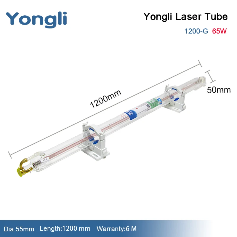 Yongli 65W CO2 Glass Laser Tube Dia.55mm Length 1200mm Laser Equipment Parts for Laser Engraving Cutting Machine