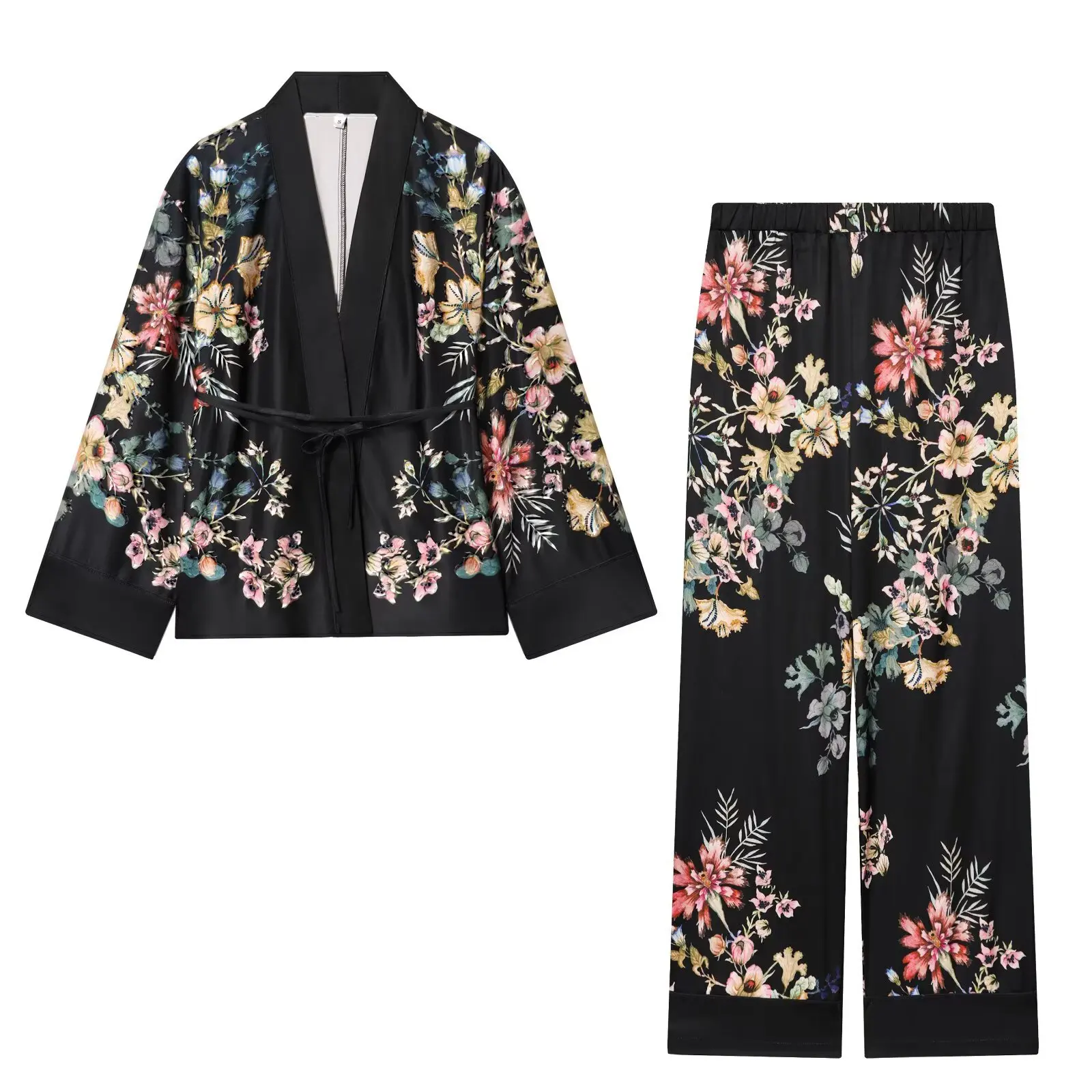 

Loose Satin Sleepwear for Women Fashion Print Vintage Silk Pajamas Set 2 Pcs Long Sleeve Pants Female Homewear Chic Summer Suit