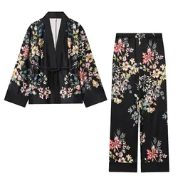 Loose Satin Sleepwear for Women Fashion Print Vintage Silk Pajamas Set 2 Pcs Long Sleeve Pants Female Homewear Chic Summer Suit