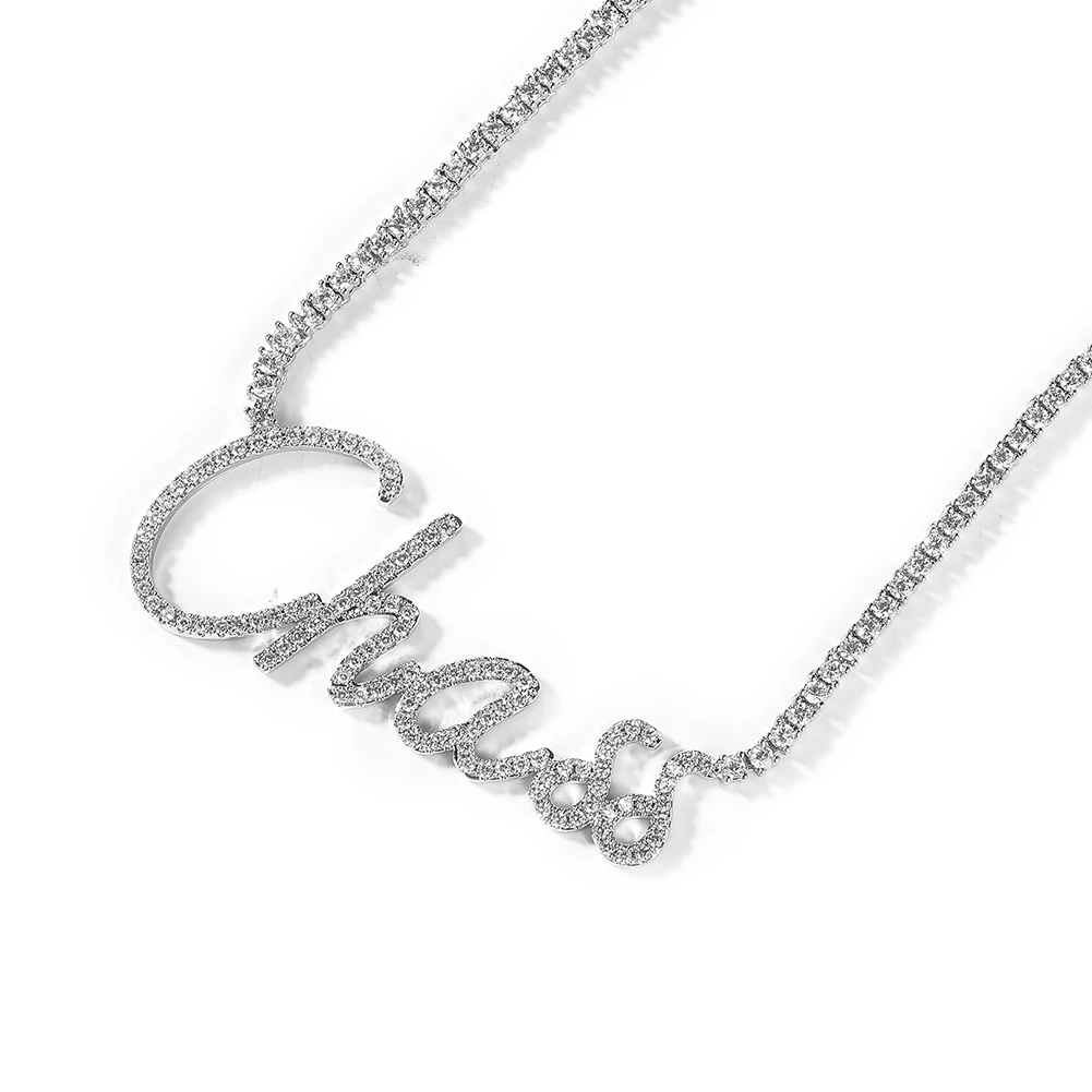 Uwin Cursive Letter Custom Name Necklace Welding 2mm Tennis Chain Cubic Zirconia Necklace Fashion Hiphop Jewelry