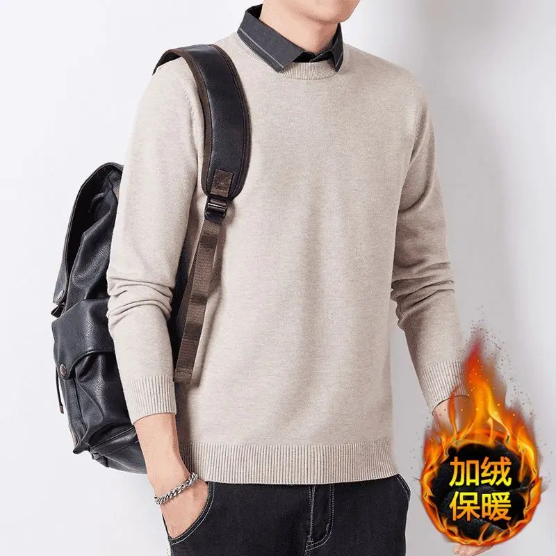 Autumn and Winter Tops Shirt Collar Men's Fake Two-piece Sweater Bottoming Velvet Thickened Sweater Long-sleeved Pullover