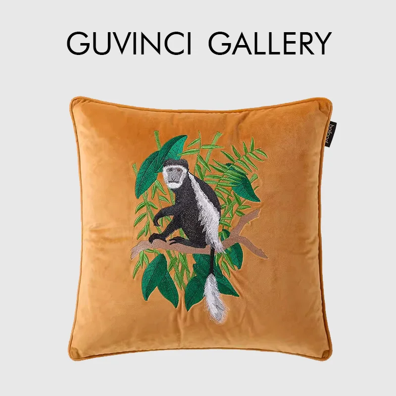 

GUVINCI Luxury Outdoor Pillow Cover Retro Jungle Tropical Rainforest Monkey Embroidered Cushion Case Madagascar Style Home Decor