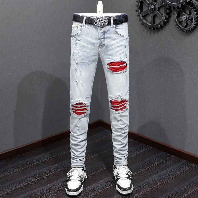 

European and American designer fashion new jeans light blue red patch elastic slim fit retro jeans high street hip-hop brand pan