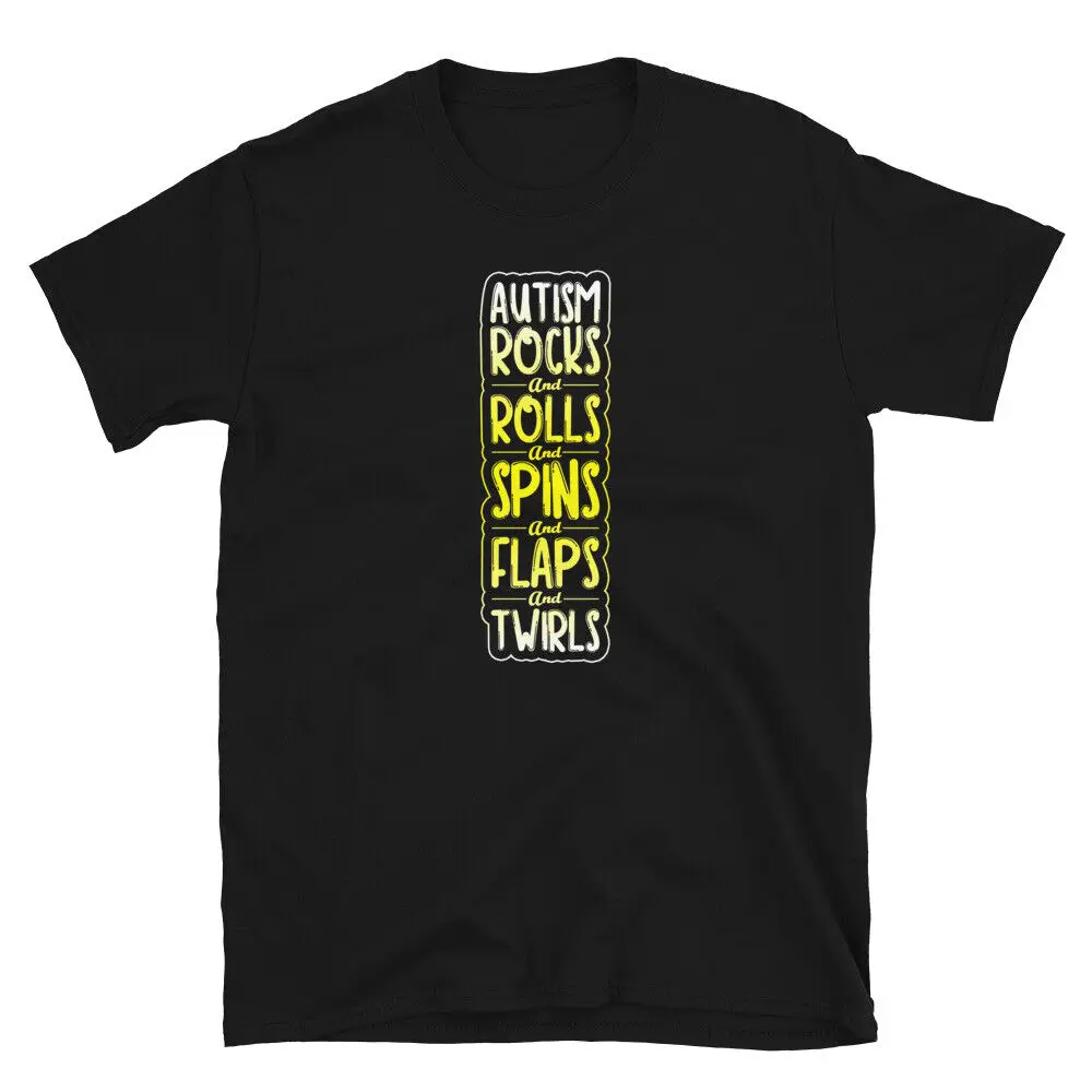 Autism Rocks Rolls Spins Flaps and Twirls Short-Sleeve Unisex T-Shirt