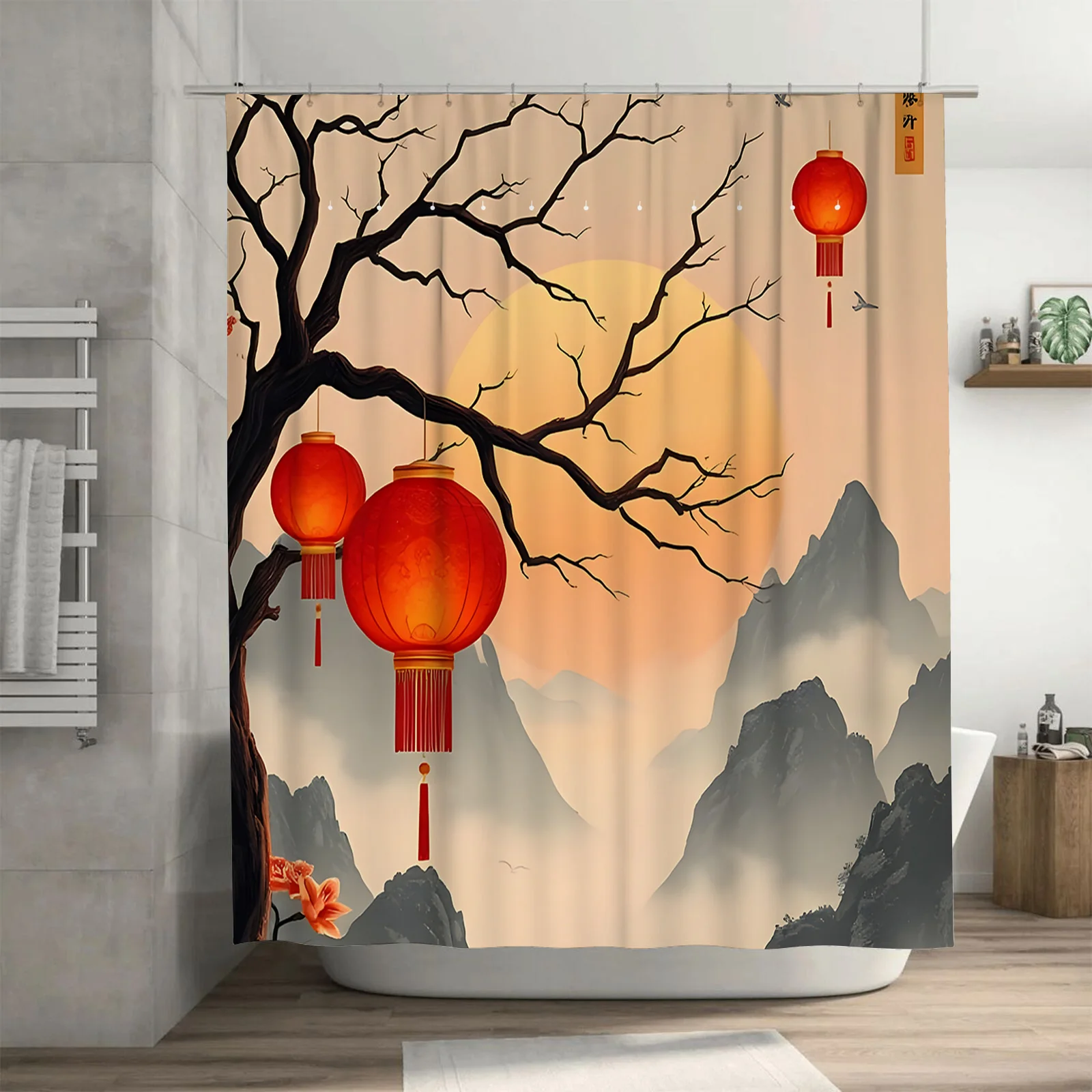 Elegant Chinese Style Shower Curtain with Red Lanterns and Mountain Landscape Design - Waterproof and Durable Home Decor
