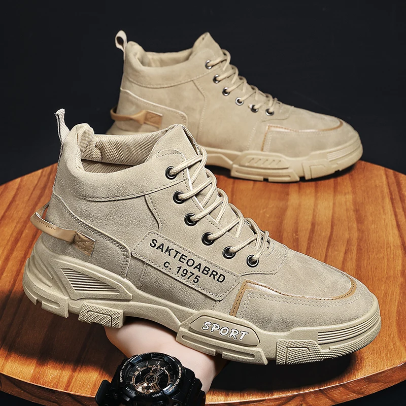 Men's High-Top Work Boots Trendy  Boots Mid-Calf Retro British Style Autumn Spring Wear Resistant Flat Bottom round Toe