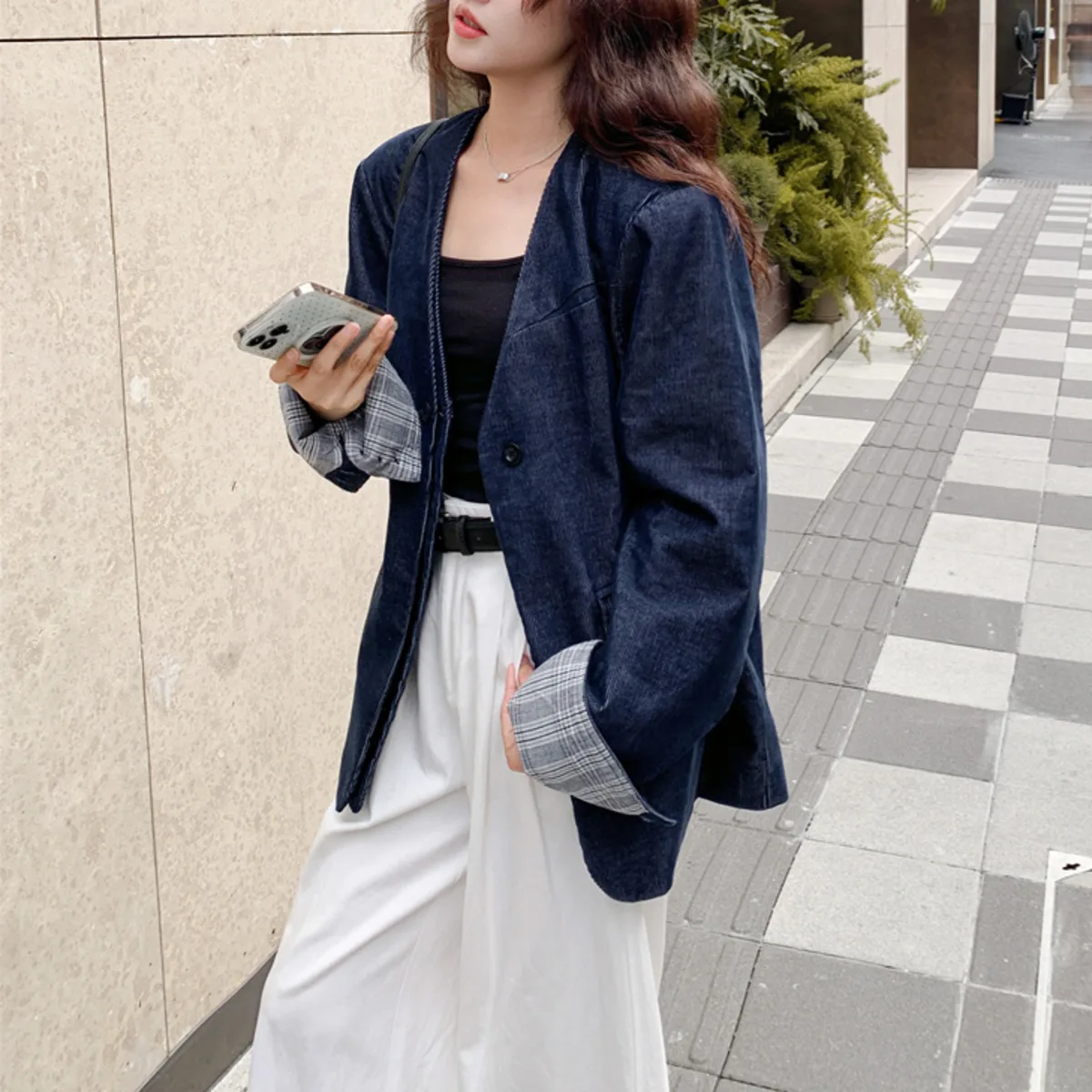 KWTX 2025 Retro Corduroy Denim Blazer Women’s Colorblock Patchwork Single Button V-Neck Jacket High-Quality Autumn Office Outfit