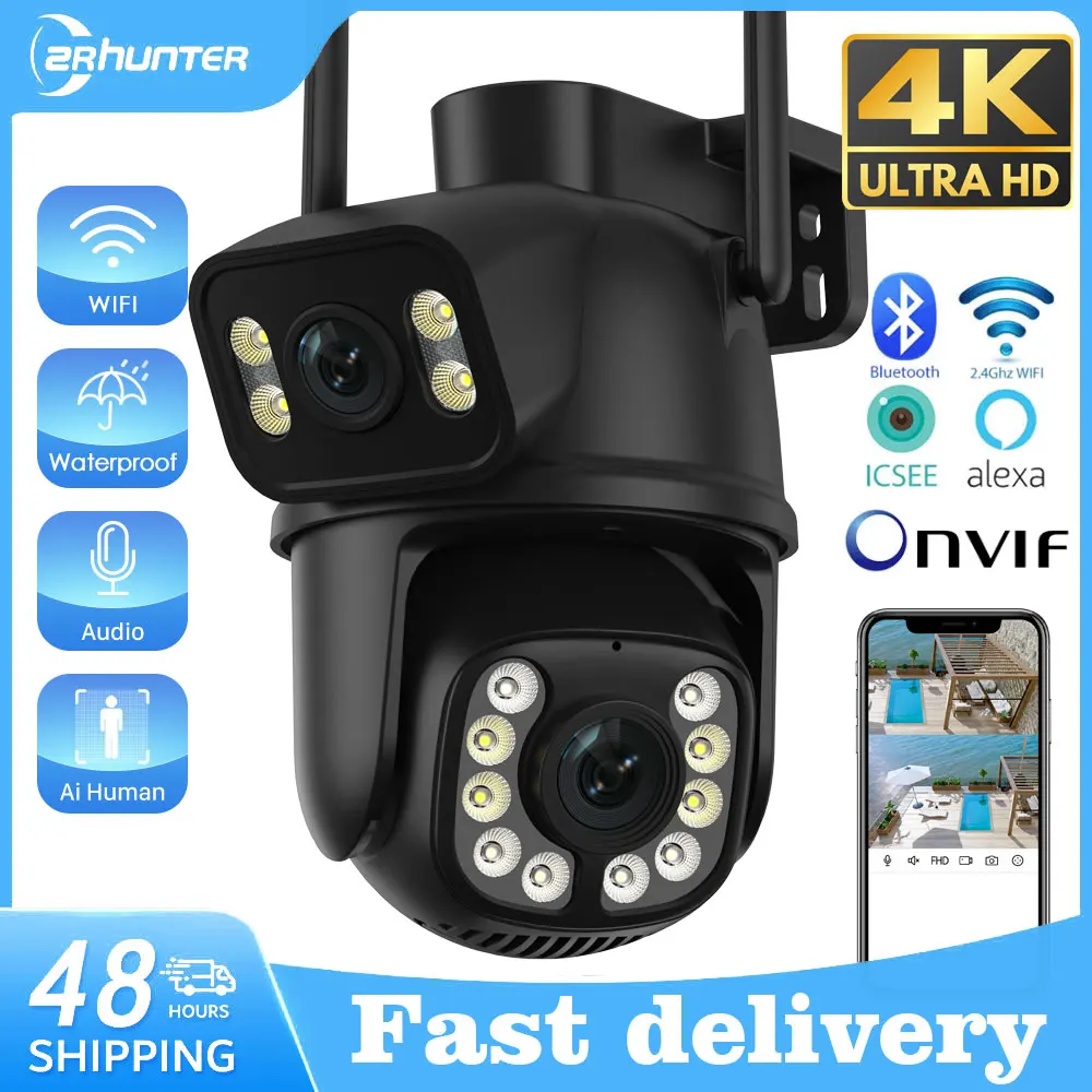 4K 8MP Wifi IP Camera Dual Lens Outdoor Wireless Surveillance Camera Color Night Vision P2P Security Protection Monitor iCSee