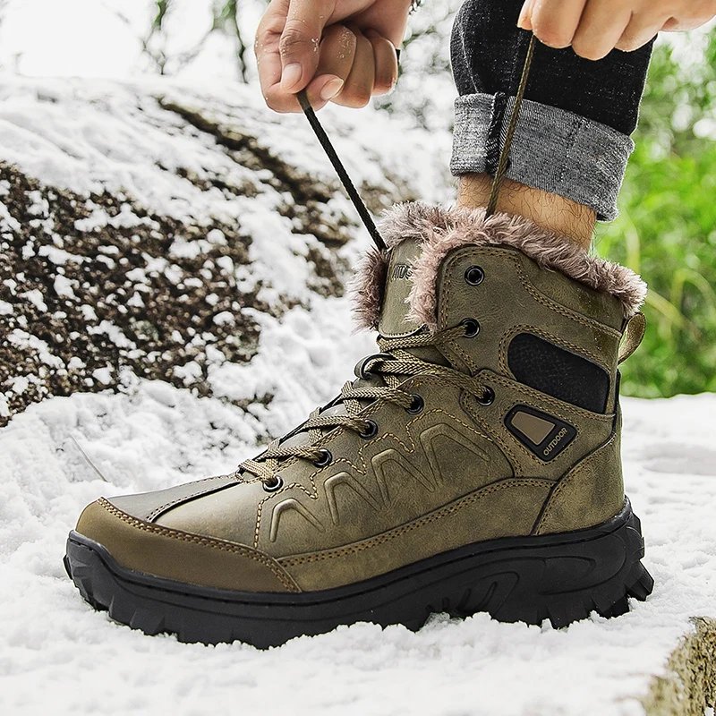 Botas de neve de pele impermeáveis para homens, botas de caminhada de borracha antiderrapantes, tornozelo super quente, moda ao ar livre, inverno, marca