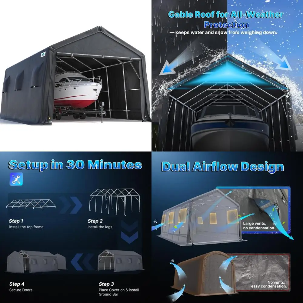 

Портативная гаражная палатка с укрытием для хранения на открытом воздухе с двумя подвижными дверями и вентиляционными отверстиями для защиты автомобиля, лодки, грузовика и муравьев