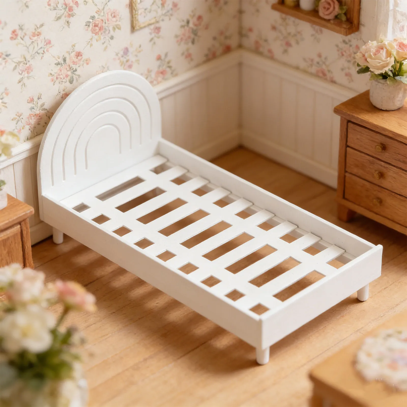 

Tiny Bed for Dollhouse Minimalist Single Miniature Bed Frame Detachable Slat Plastic Mini House Bedroom Furniture Decor