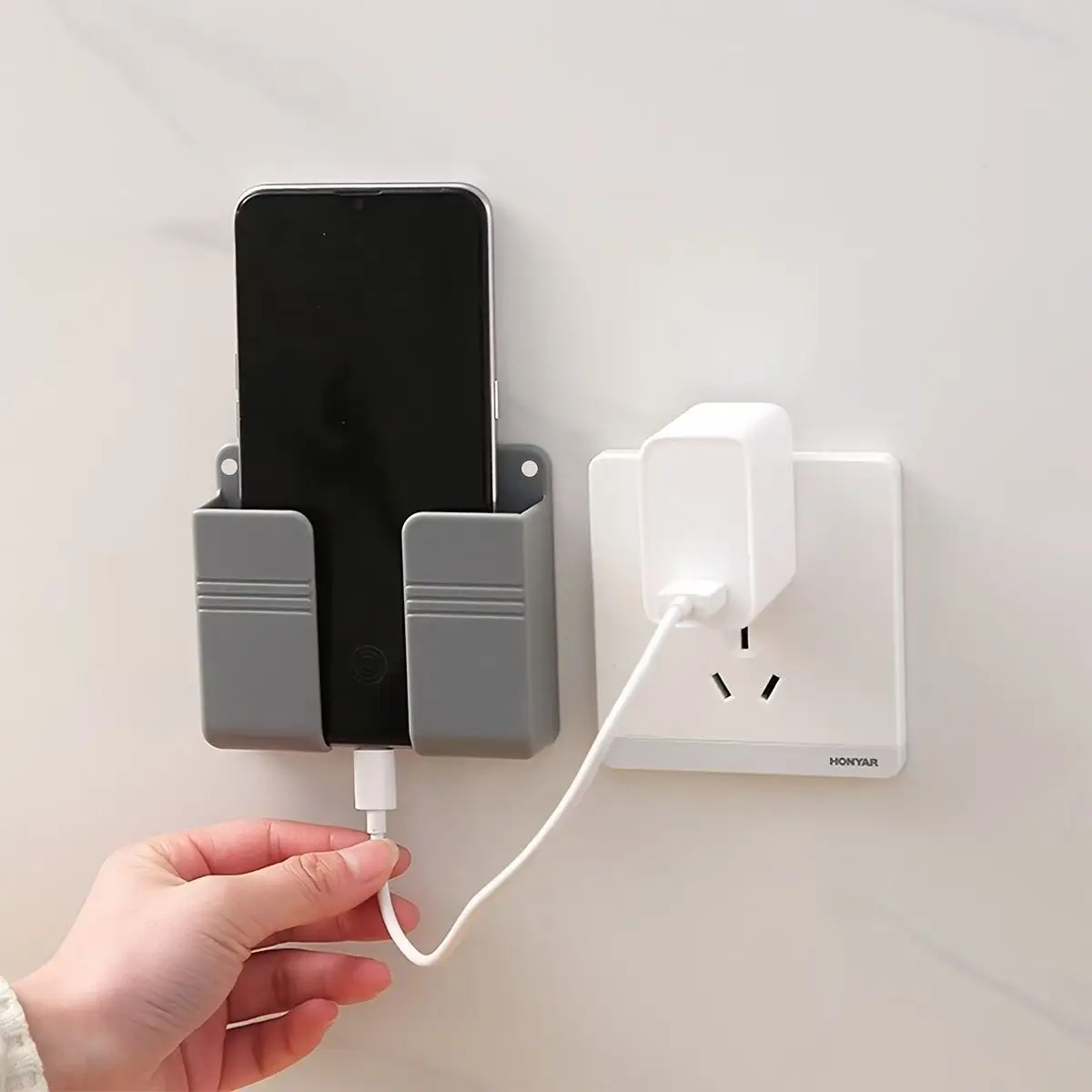 Wall Mount Phone Holder Polychromatic Punch Free Wall Mobile Phones Charging Stand Lazy Sticky Remote Control Storage Box view 6