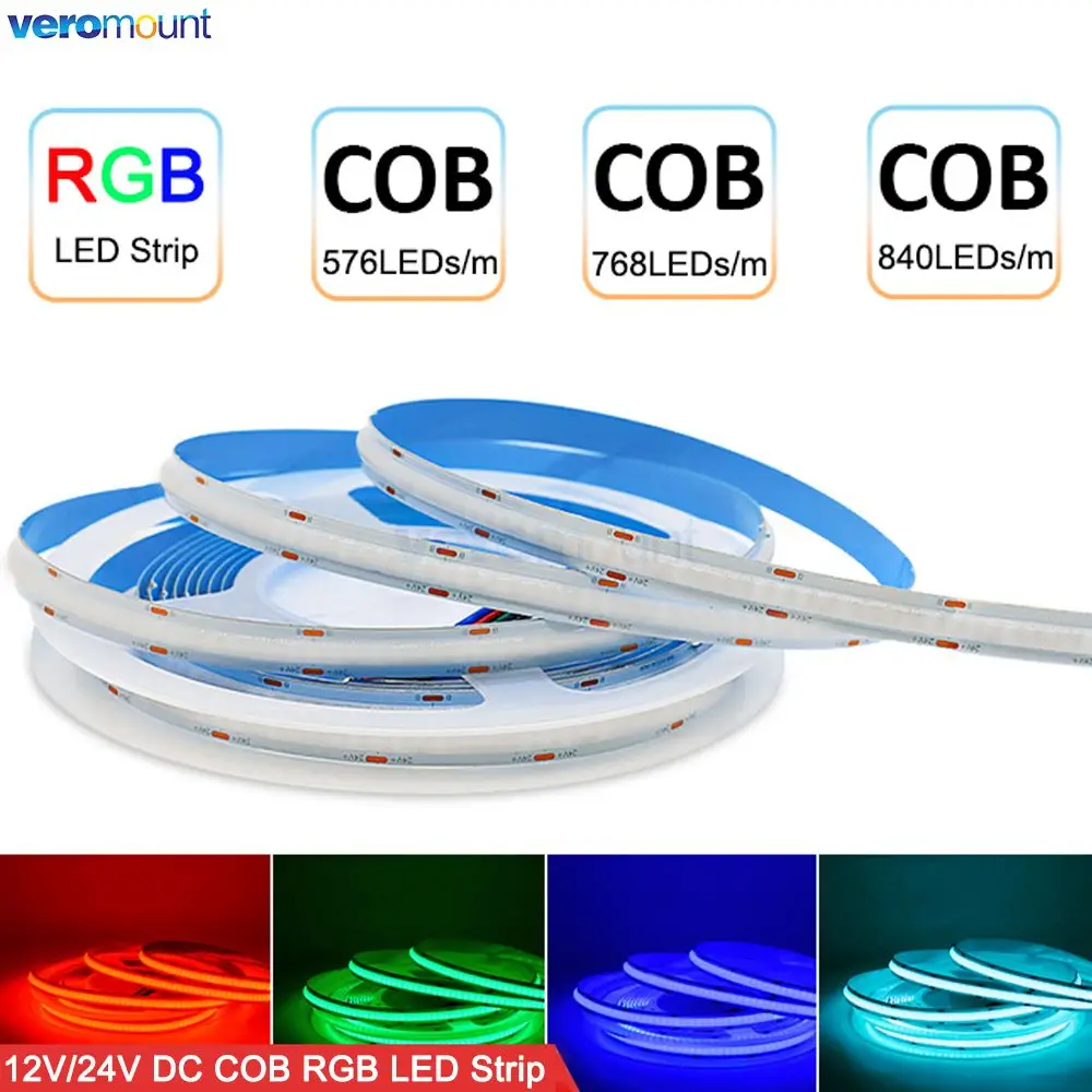 5m Flexible RGB COB LED Strip Light 12V 24V DC RA90 576 768 840 LEDs/m 4Pin 10mm PCB High Bright Colorful Linear LED Tape Bar