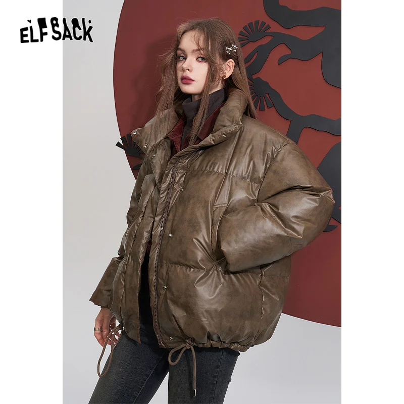 ELFSACK Brown Down Coats Women 2023 Winter Loose Designed Jackets