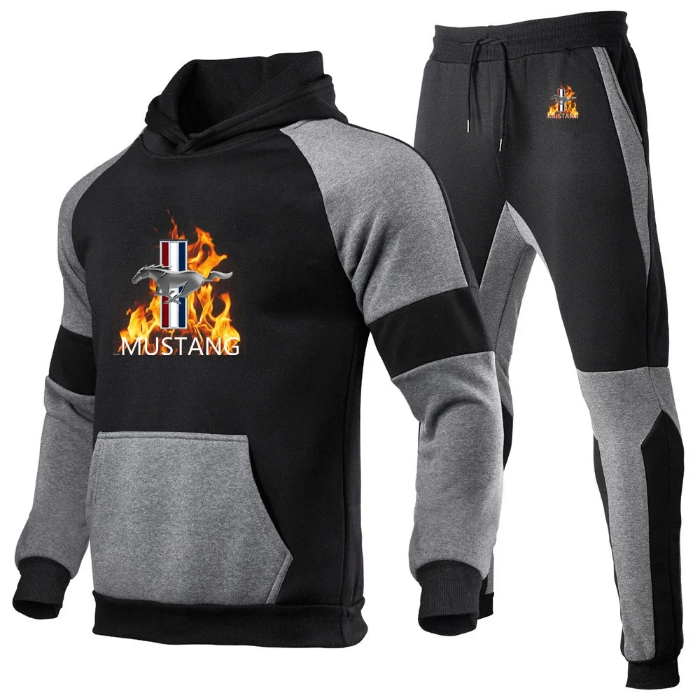 2024 Primavera Autunno Mens Mustang Logo Stampa Pullover Felpe Tuta + Pantaloni sportivi alla moda Set sportivo in cotone patchwork di alta qualità