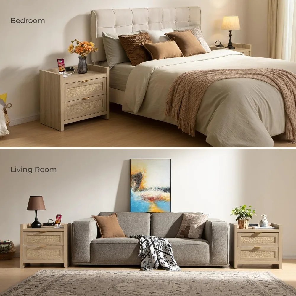 مجموعة منضدة الروطان المطورة بالكامل مكونة من طاولتين بجانب السرير - حامل ليلي لغرفة النوم مع محطة شحن من النوع C، درجين