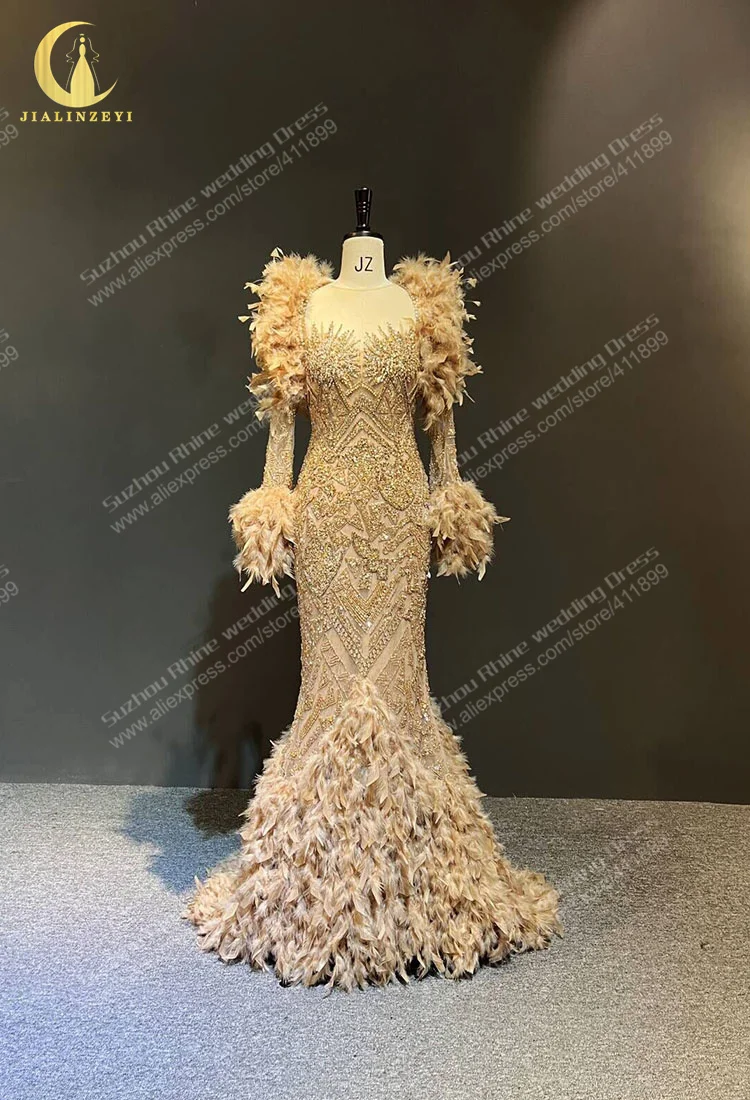 3422 Rhine Sexy Champagne Long sleeves Crystal Feathers Mermaid   فساتين السهرة robes de soirée vestidos de fiesta evening dress