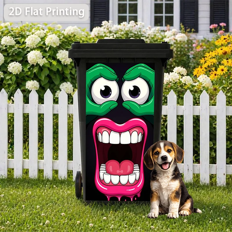 1pc Halloween Green Cartoon Monster Smiley Face Themed Trash Can Decal Wall Sticker, Ideal for Outdoor Trash Cans, Home Decor.