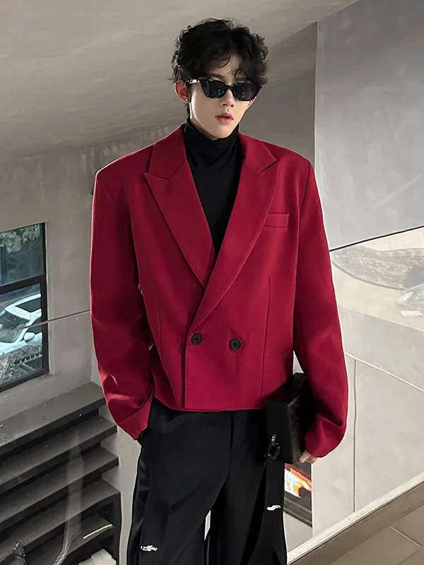 

Tangz Studio ort oulder Pad Suit Jaet in Wine Red for Men Casual High-End Feeling Small Western Sle Coat