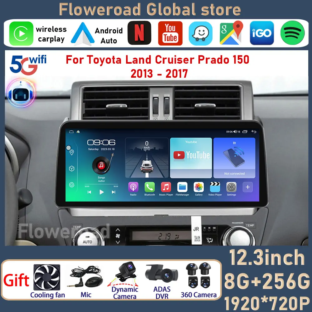 

Автомобильный мультимедийный проигрыватель 12,3 дюймов Android для Toyota Land Cruiser Prado 150 2013-2017, автомобильное радио, GPS-навигация, Авторадио