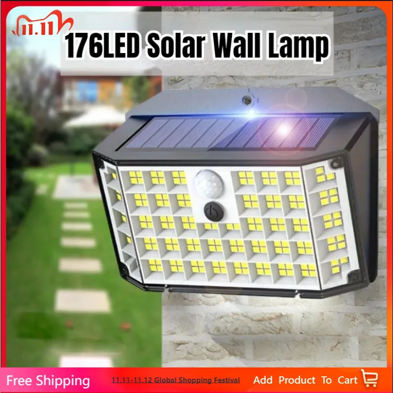 

176 LED Solar Powered Motion Sensor Flood Lights, Waterproof Outdoor Wall Lamp with 3 Modes for Porch and Yard
