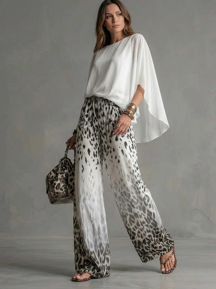 Pantalon Palazzo en Chiffon à Taille Élastique et Imprimé Léopard Aquarelle pour Femme Missuoo, Collection Été 2026, Idéal pour les Vacances Décontractées
