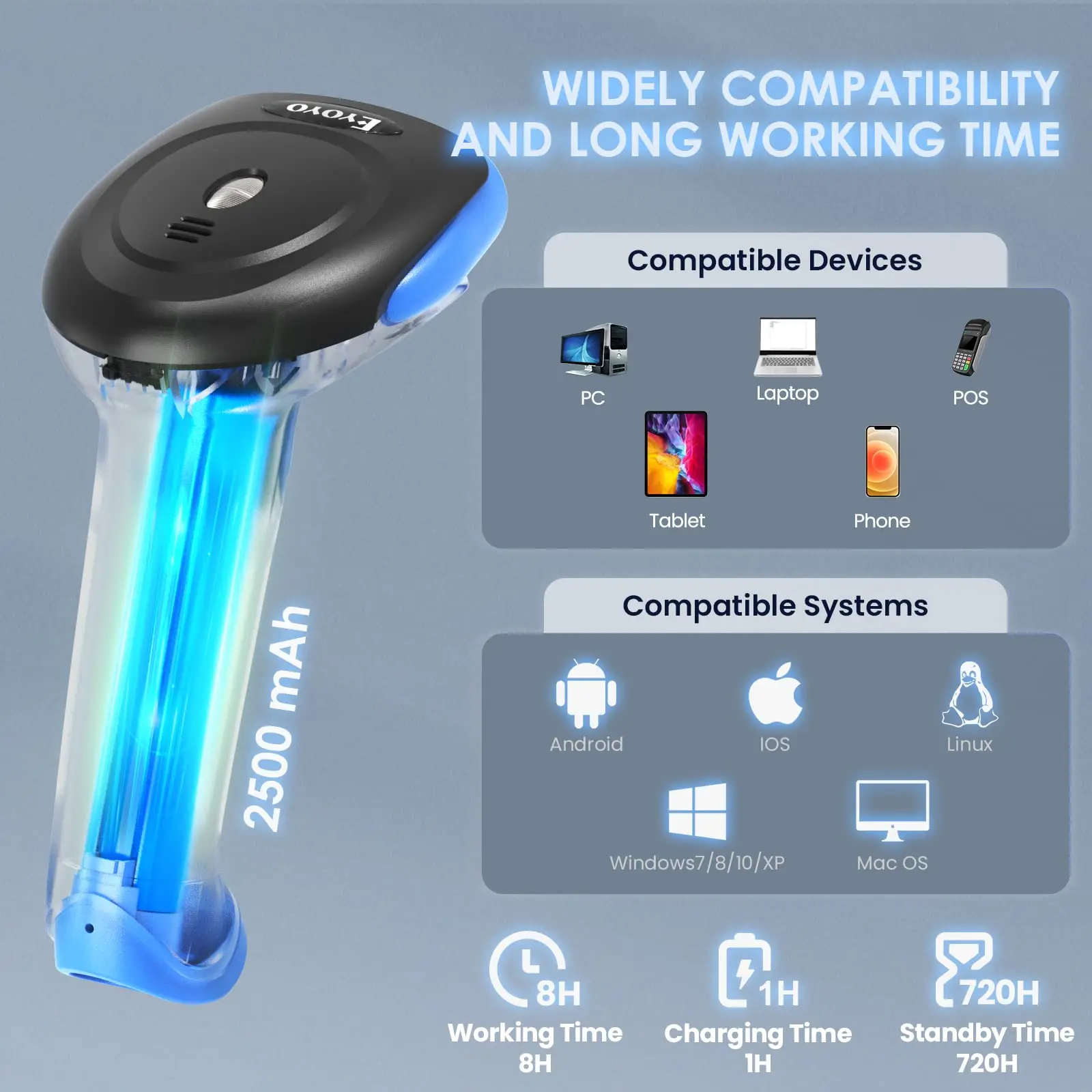 Imagem -04 - Eyoyo-handheld Barcode Scanner sem Fio 1d e 2d Bluetooth Dongle 2.4g Usb Leitor de Código de Barras qr com Fio Bateria 2500mah Ey034p Novo 2023