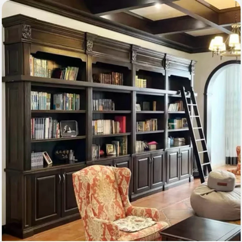 American-style Solid Wood Bookcase; High-end Wall-to-wall Storage Bookcase; French Vintage Wall-mounted Bookshelf