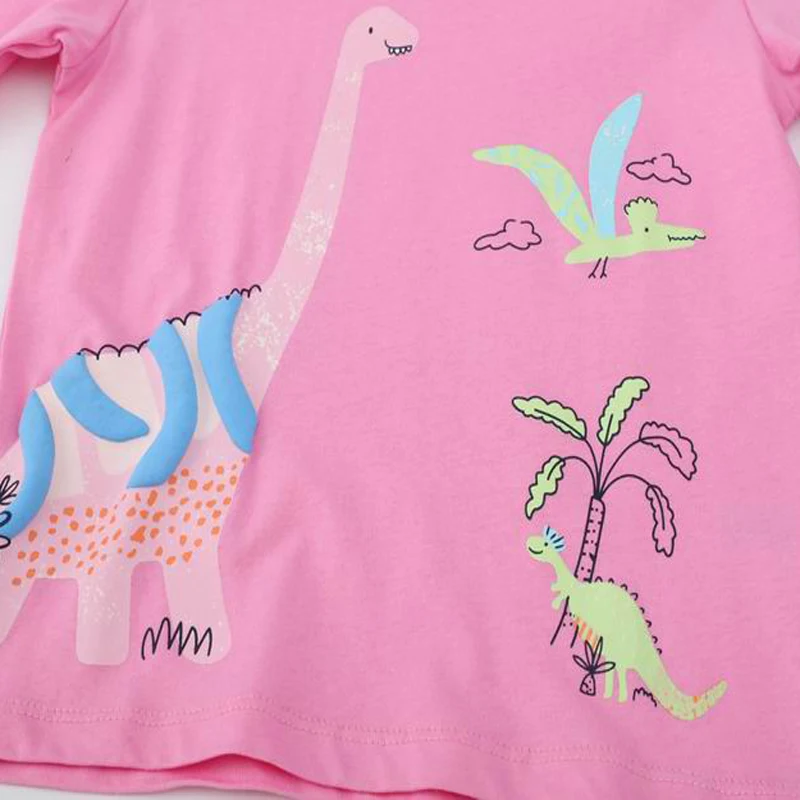 Little maven 2023 Baby Girls Long Sleeves Pink T-shirt Dinosaurs Autumn Cotton Tops Comfort for Kids 2-7year