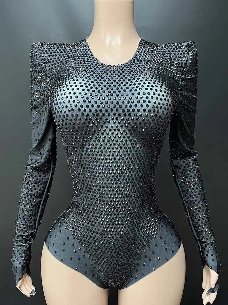 High Quality Rhinestone Padded Shoulder Long Sleeved Elastic Jumpsuit 2025 New Fashion Custom Women'S Clothing