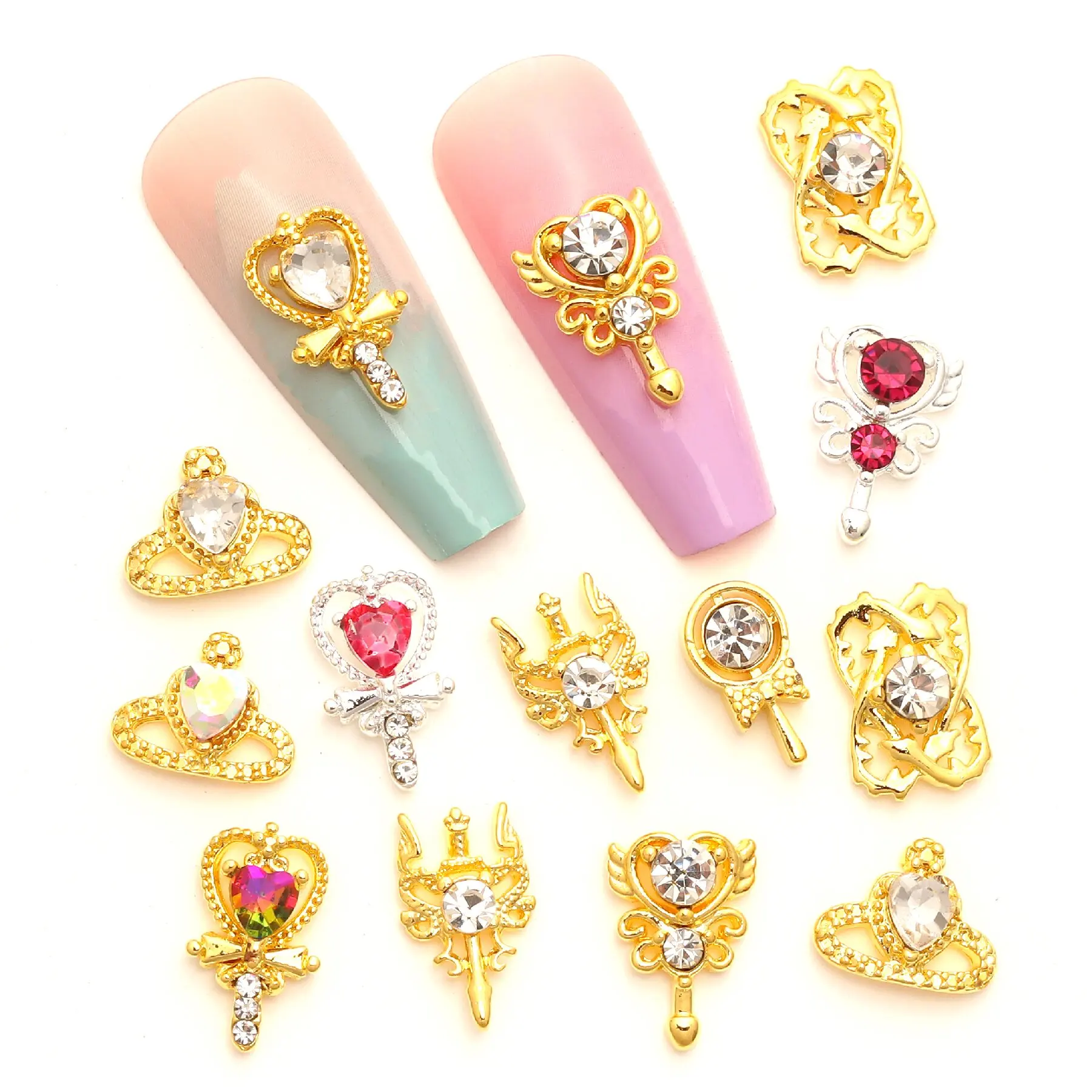 10 Pcs/pack 3D Fairy Stick Magic Stick Nail Charm Beauty Girl Nail Art Jewelry Rhinestone Crystal Glitter Nails accessories