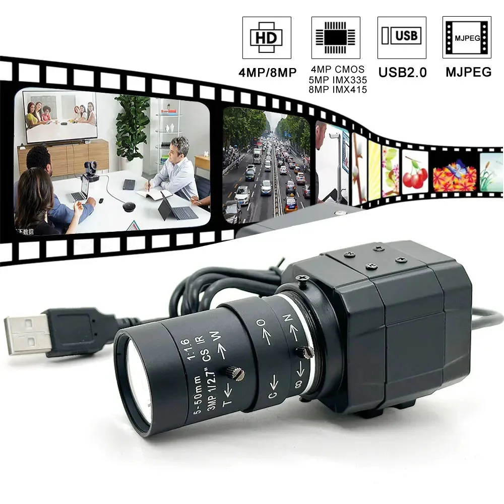 HD 8MP IMX415 / 5MP IMX335 / 2K 4MP USB Mini Webcam 30fps With 6mm 2.8-12mm Varifocal CS Lens UVC OTG PC Video USB Camera