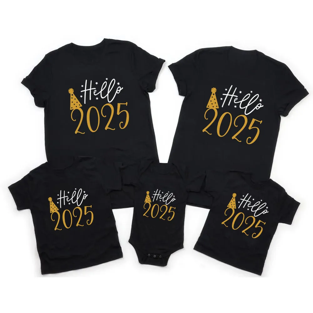 Funny Hello 2025 Family Matching Outfits Cotton Mother Father and Daughter Son Kids Tshirts Baby Romper Look New Year\'s Clothes