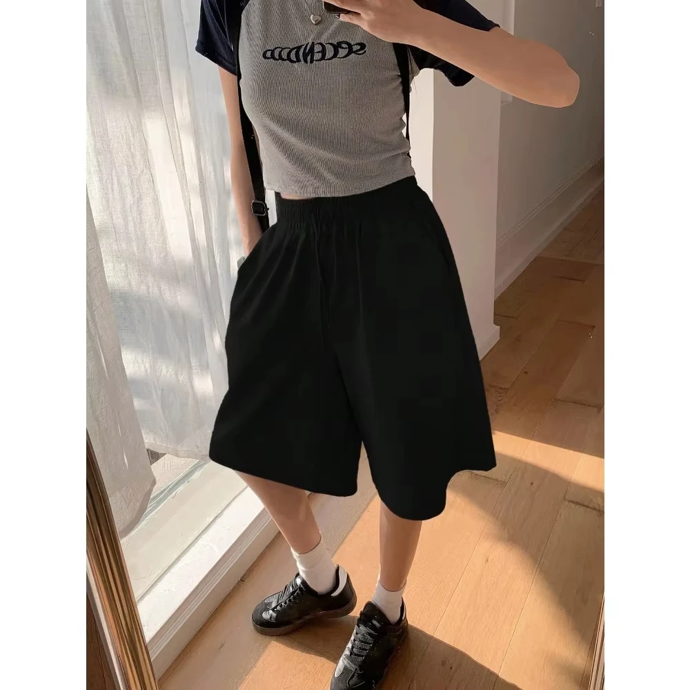 شورت نسائي كاجوال فضفاض للموسم بلون سادة وجيب مائل شورت رياضي من القطن الخالص ملابس الشارع الشهير سروال قصير للنساء