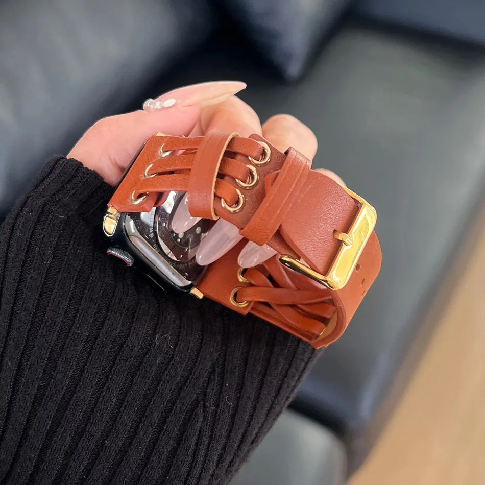 Fashion Maillard Splice Leather Strap For Apple Watch Band Series 9 8 7 6 SE 5 38/40/41/42/44/45mm Bracelet IWatch Ultra 2 49MM