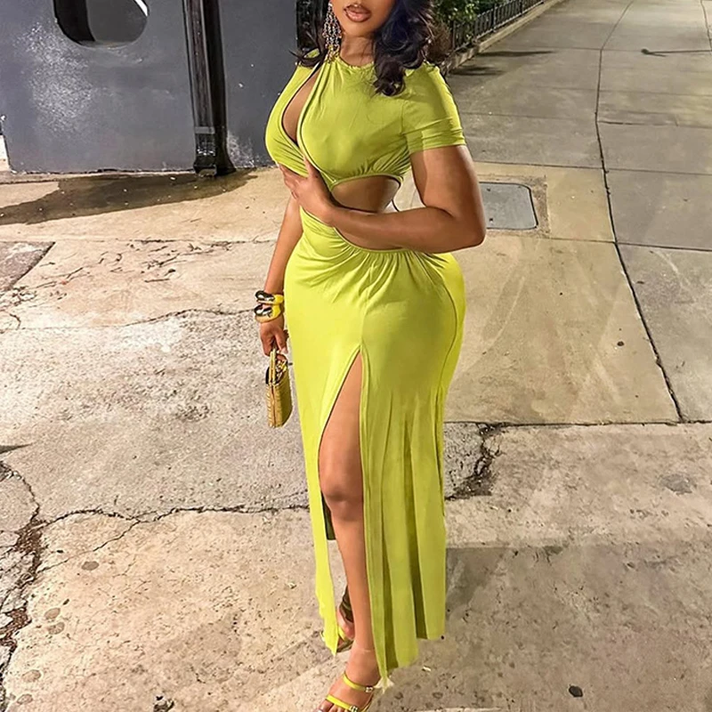 BKLD جديد مثير غير النظامية قطع قصيرة الأكمام الياقة المستديرة نحيل عالية الخصر سبليت فساتين طويلة للنساء نادي عطلة فساتين