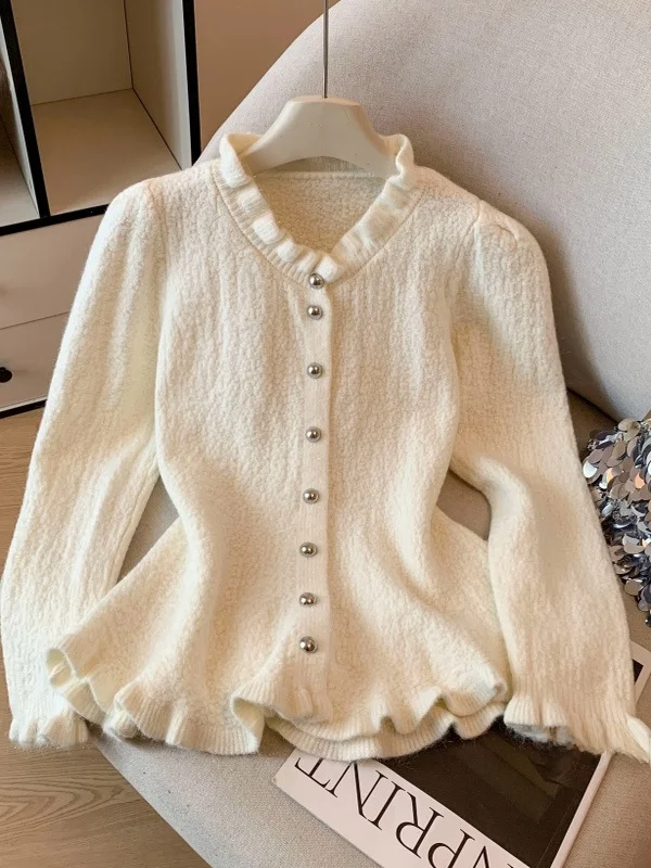 

Ele White Knitted Open Cardigan Women's Faion Slimming Waist Design Le Detail Autumn Winter Seasonal Top