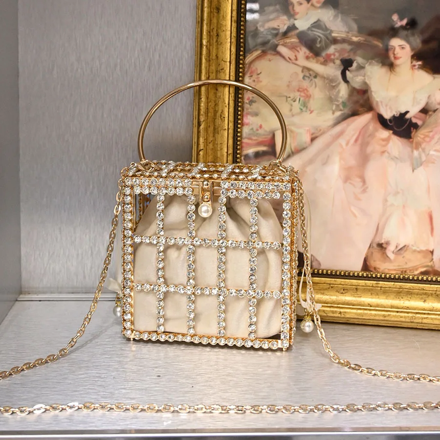 Diamond-encrusted Birdcage Pearl Diamond Bag Dinner Party Metal Vegetable Basket Bucket Messenger Bag