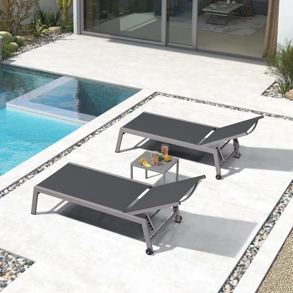 

Oversized Pool Lounge Chairs with Wheels, Adjustable Backrest, and Table, Grey