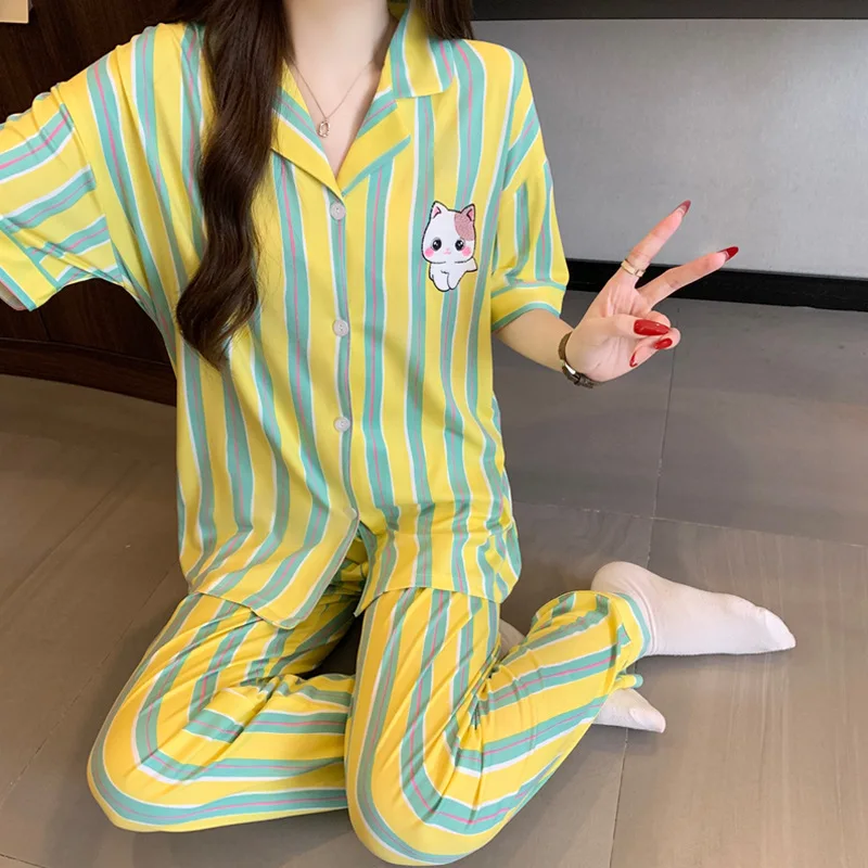 Summer Women's Hot Selling Short Sleeved Sleepwear Home Suit Set, Striped Loose Cardigan, Short Sleeved Pants Home Suit Set